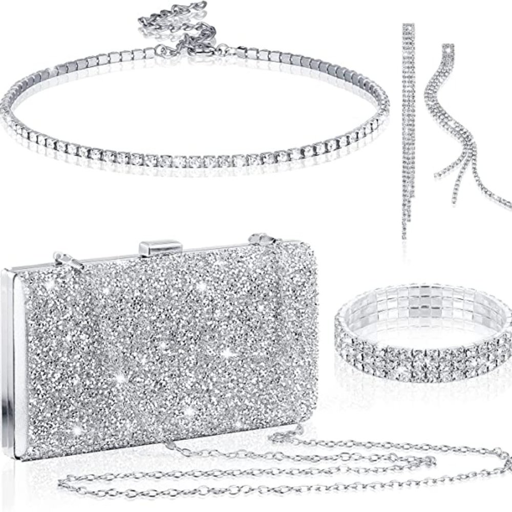 4Set Rhinestones Bag + Chocker + Earrings + Bracelet